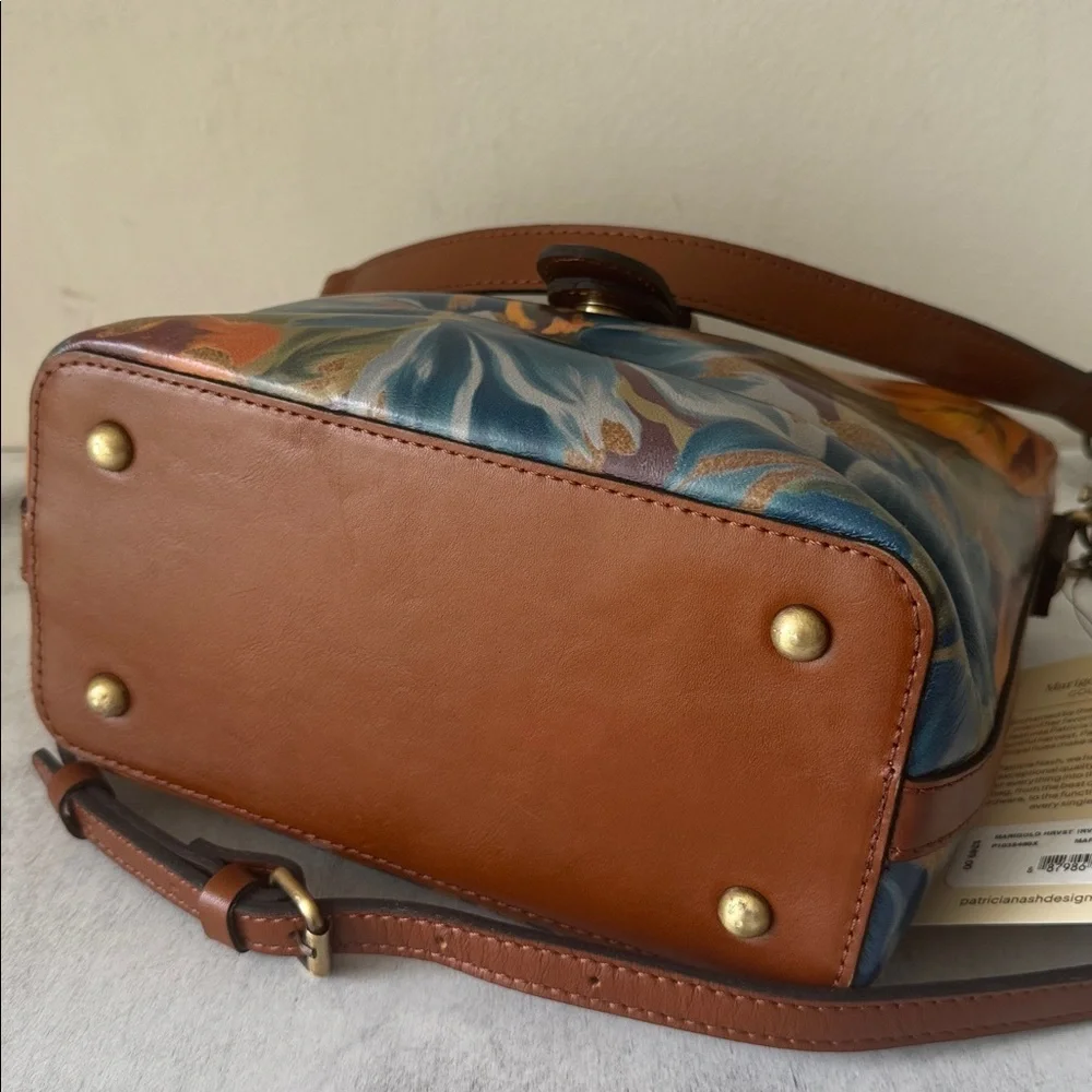 Patricia Nash Irving Bucket Handbag Leather Disstressed  Marigold Harvest Floral
